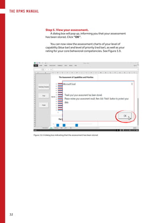THE RPMS MANUAL
32
Step 5. View your assessment.
A dialog box will pop up, informing you that your assessment
has been stored. Click “OK”.
You can now view the assessment charts of your level of
capability (blue bar) and level of priority (red bar), as well as your
rating for your core behavioral competencies. See Figure 3.9.
Figure 3.8. A dialog box indicating that the assessment has been stored
 
