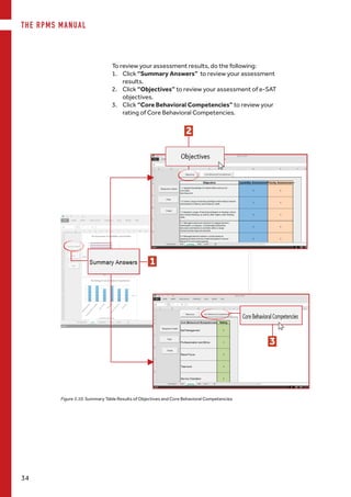 THE RPMS MANUAL
34
To review your assessment results, do the following:
1.	 Click “Summary Answers” to review your assessment
results.
2.	 Click “Objectives” to review your assessment of e-SAT
objectives.
3.	 Click “Core Behavioral Competencies” to review your
rating of Core Behavioral Competencies.
3
1
2
Figure 3.10. Summary Table Results of Objectives and Core Behavioral Competencies
 