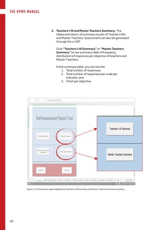 THE RPMS MANUAL
42
3.	 Teachers I-III and Master Teachers Summary. The
tables and charts of summary results of Teacher I-III’s
and Master Teachers’ assessment can also be generated
through the e-SAT.
	
Click “Teachers I-III Summary” or “Master Teachers
Summary” to see summary table of frequency
distribution of responses per objective of teachers and
Master Teachers.
In the summary table, you can see the:
1.	 Total number of responses;
2.	 Total number of responses per scale per
indicator; and
3.	 Chart per objective
Figure 4.5. Introduction page highlighting Teachers I-III Summary and Master Teachers Summary buttons
 