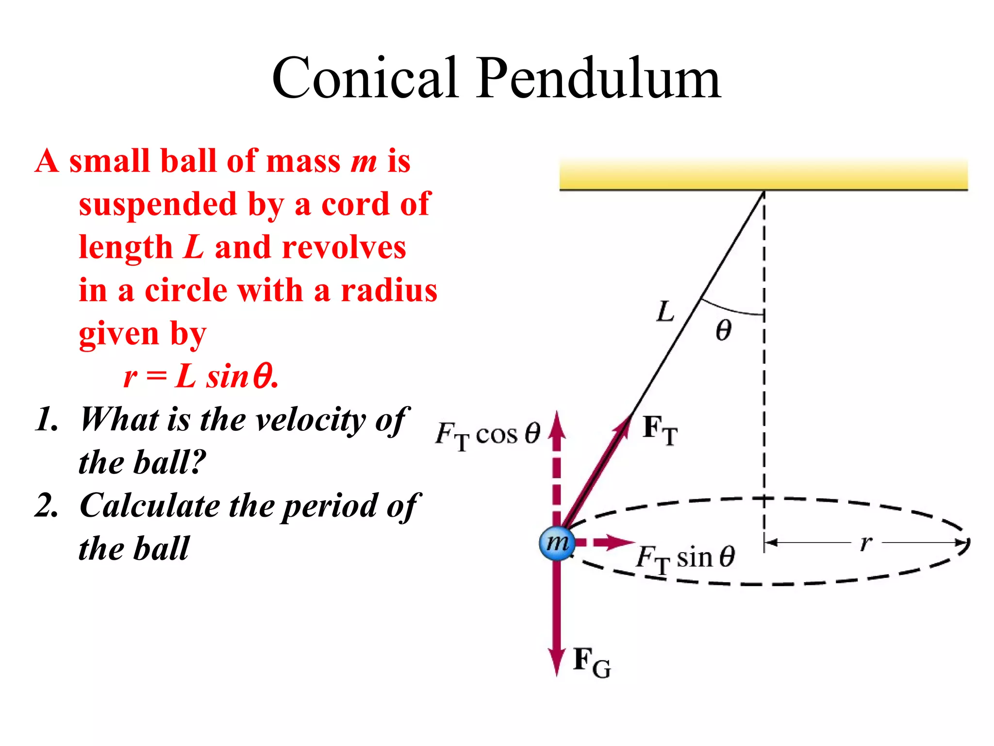 Conical Pendulum
A small ball of mass m is
   suspended by a cord of
   length L and revolves
   in a circle with a radius
   given by
      r = L sinθ .
1. What is the velocity of
   the ball?
2. Calculate the period of
   the ball
 