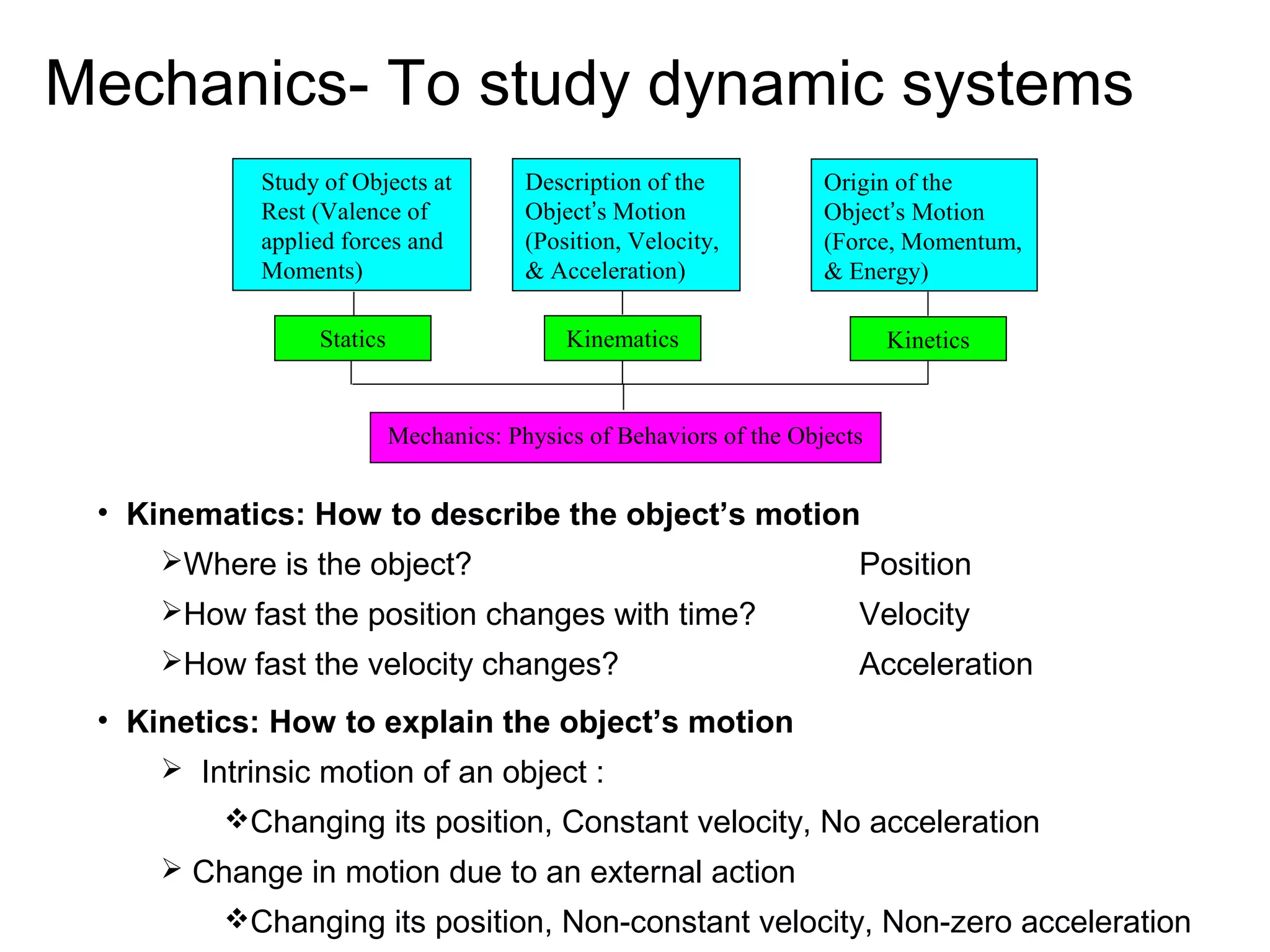 Mechanics- To study dynamic systems
            Study of Objects at         Description of the           Origin of the
            Rest (Valence of            Object’s Motion              Object’s Motion
            applied forces and          (Position, Velocity,         (Force, Momentum,
            Moments)                    & Acceleration)              & Energy)

                 Statics                    Kinematics                      Kinetics


                           Mechanics: Physics of Behaviors of the Objects


 • Kinematics: How to describe the object’s motion
     Where is the object?                                              Position
     How fast the position changes with time?                          Velocity
     How fast the velocity changes?                                    Acceleration
 • Kinetics: How to explain the object’s motion
      Intrinsic motion of an object :
         Changing its position, Constant velocity, No acceleration
      Change in motion due to an external action
         Changing its position, Non-constant velocity, Non-zero acceleration
 