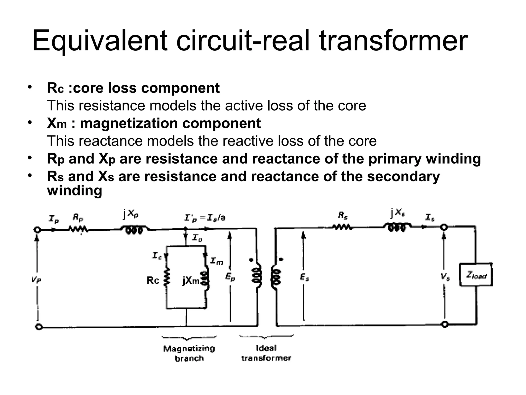 Equivalent circuit-real transformer
•   Rc :core loss component
    This resistance models the active loss of the core
•   Xm : magnetization component
    This reactance models the reactive loss of the core
•   Rp and Xp are resistance and reactance of the primary winding
•   Rs and Xs are resistance and reactance of the secondary
    winding
 