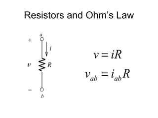 Resistors and Ohm’s Law
   a



              v = iR
            vab = iab R
   b
 