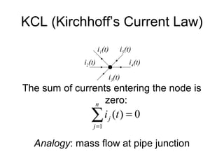 KCL (Kirchhoff’s Current Law)
                     i1(t)   i5(t)
             i2(t)               i4(t)

                         i3(t)
The sum of currents entering the node is
                n zero:

                ∑ i (t ) = 0
                 j =1
                         j



  Analogy: mass flow at pipe junction
 