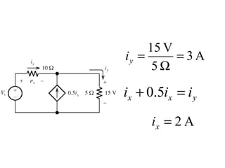 15 V
iy =      =3A
      5Ω

ix + 0.5ix = i y

      ix = 2 A
 