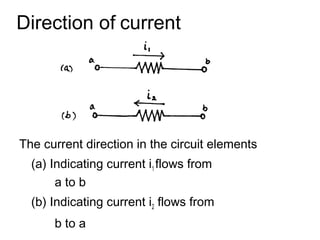 Direction of current




The current direction in the circuit elements
  (a) Indicating current i1 flows from
       a to b
  (b) Indicating current i2 flows from
      b to a
 