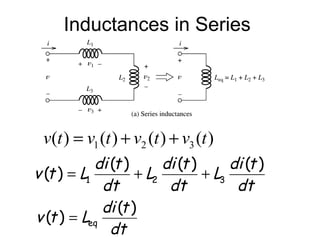 Inductances in Series




 v(t ) = v1 (t ) + v2 (t ) + v3 (t )
            di (t )      di (t )      di (t )
v (t ) = L1         + L2         + L3
             dt           dt           dt
             di (t )
v (t ) = Leq
               dt
 