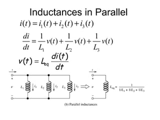 Inductances in Parallel
i (t ) = i1 (t ) + i2 (t ) + i3 (t )
  di 1              1  1
      = v(t ) + v(t ) + v(t )
  dt L1            L2  L3
             di (t )
v (t ) = Leq
              dt
 