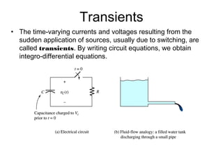 Transients
• The time-varying currents and voltages resulting from the
  sudden application of sources, usually due to switching, are
  called transients. By writing circuit equations, we obtain
  integro-differential equations.
 