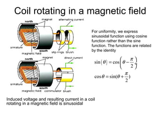 Coil rotating in a magnetic field
                                             For uniformity, we express
                                             sinusoidal function using cosine
                                             function rather than the sine
                                             function. The functions are related
                                             by the identity

                                                                  π
                                              sin ( θ ) = cos  θ − ÷
                                                                  2
                                                                 π
                                              cos θ = sin(θ + )
                                                                 2


Induced voltage and resulting current in a coil
rotating in a magnetic field is sinusoidal
 
