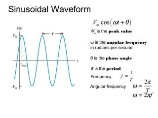 Sinusoidal Waveform
                      Vm cos ( ωt + θ )
                  Vm is the peak value

                  ω is the angular frequency
                  in radians per second

                  θ is the phase angle

                  T is the period
                                        1
                  Frequency         f =
                                        T     2π
                  Angular frequency       ω=
                                               T
                                          ω = 2πf
 