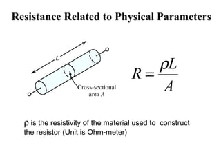 Resistance Related to Physical Parameters



                                         ρL
                                      R=
                                          A

  ρ is the resistivity of the material used to   construct
  the resistor (Unit is Ohm-meter)
 