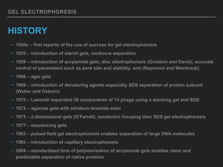 GEL ELECTROPHORESIS
HISTORY
• 1930s – first reports of the use of sucrose for gel electrophoresis
• 1955 – introduction of starch gels, mediocre separation
• 1959 – introduction of acrylamide gels; disc electrophoresis (Ornstein and Davis); accurate
control of parameters such as pore size and stability; and (Raymond and Weintraub)
• 1966 – agar gels
• 1969 – introduction of denaturing agents especially SDS separation of protein subunit
(Weber and Osborn)
• 1970 – Laemmli separated 28 components of T4 phage using a stacking gel and SDS
• 1972 – agarose gels with ethidium bromide stain
• 1975 – 2-dimensional gels (O’Farrell); isoelectric focusing then SDS gel electrophoresis
• 1977 – sequencing gels
• 1983 – pulsed field gel electrophoresis enables separation of large DNA molecules
• 1983 – introduction of capillary electrophoresis
• 2004 – standardized time of polymerization of acrylamide gels enables clean and
predictable separation of native proteins
 