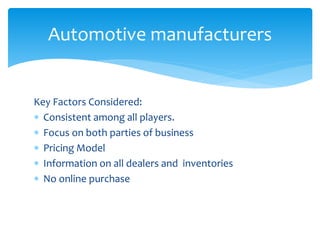 Key Factors Considered:
 Consistent among all players.
 Focus on both parties of business
 Pricing Model
 Information on all dealers and inventories
 No online purchase
Automotive manufacturers
 