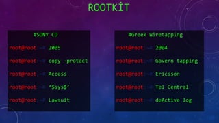 ROOTKİT
#SONY CD
root@root:~# 2005
root@root:~# copy -protect
root@root:~# Access
root@root:~# ‘$sys$’
root@root:~# Lawsuit
#Greek Wiretapping
root@root:~# 2004
root@root:~# Govern tapping
root@root:~# Ericsson
root@root:~# Tel Central
root@root:~# deActive log
 