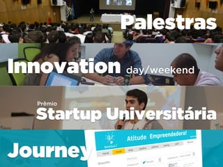 Palestras
Innovation day/weekend
Journey
Startup Universitária
Prêmio
 