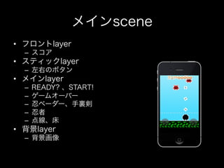 メインscene
•  フロントlayer
  –  スコア
•  スティックlayer
  –  左右のボタン
•  メインlayer
  –    READY? 、START!
  –    ゲームオーバー
  –    忍ベーダー、手裏剣
  –    忍者
  –    点線、床
•  背景layer
  –  背景画像
 