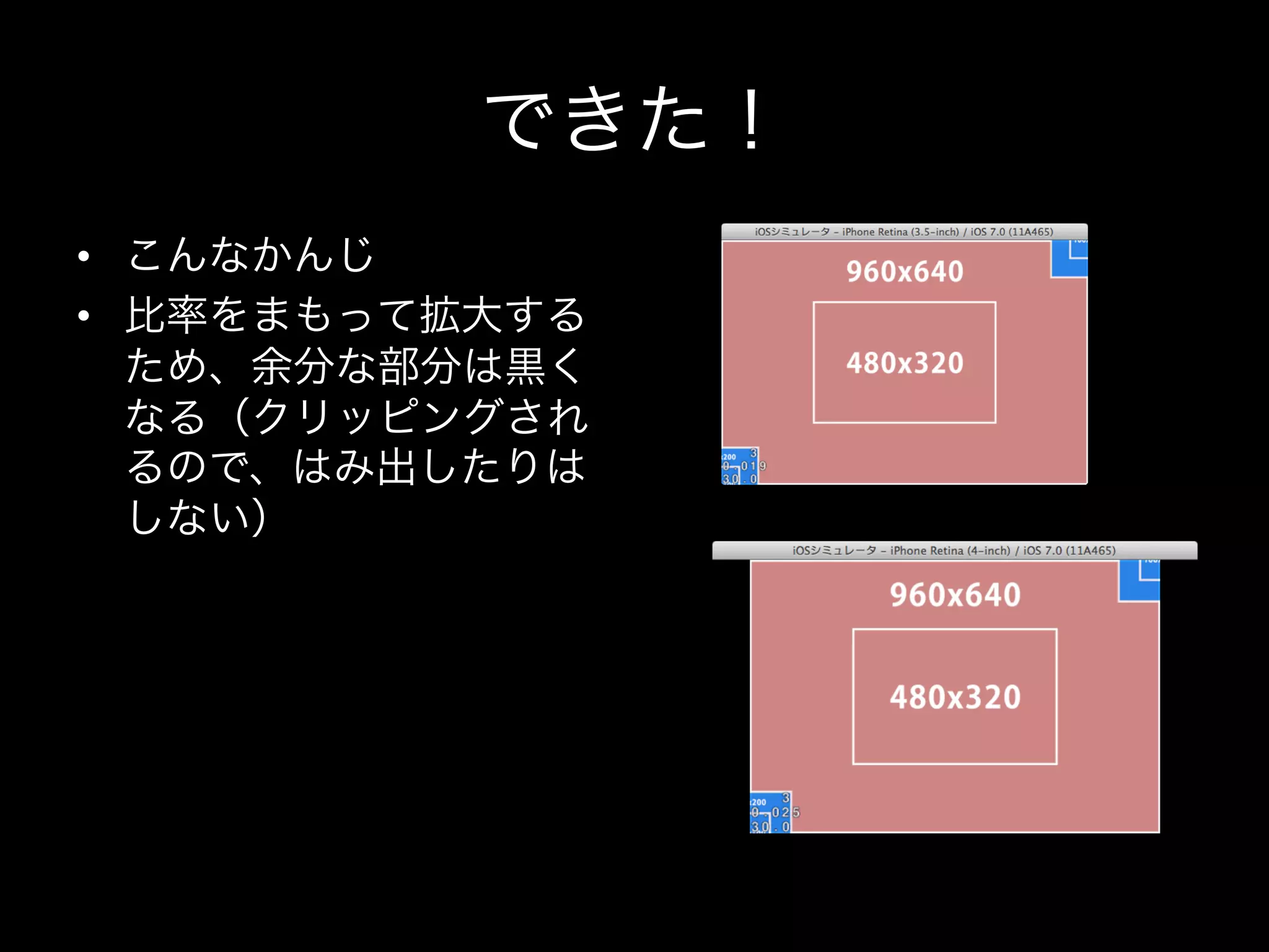 できた！
•  こんなかんじ
•  比率をまもって拡大する
ため、余分な部分は黒く
なる（クリッピングされ
るので、はみ出したりは
しない）

 