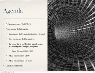 Agenda
    ✤    Présentons-nous (9h00-9h15)

    ✤    Programme de la journée

          ✤   Les enjeux de l’e-administration (45 mn)

          ✤   Des exemples de téléservices

          ✤   La place de la médiation numérique :
              accompagner l’usager, jusqu’où

               ✤    Pause déjeuner (12h00-14h00)

          ✤   Mise en situation (2h00)

          ✤   Mise en commun (45 mn)

    ✤    Conclusion (15 mn)


vendredi 21 septembre 12                                 34
 