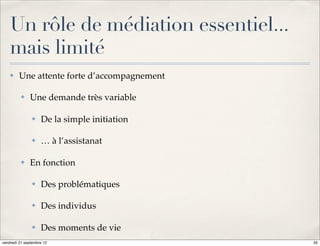 Un rôle de médiation essentiel...
    mais limité
    ✤    Une attente forte d’accompagnement

          ✤   Une demande très variable

               ✤    De la simple initiation

               ✤    … à l’assistanat

          ✤   En fonction

               ✤    Des problématiques

               ✤    Des individus

               ✤    Des moments de vie
vendredi 21 septembre 12                      35
 