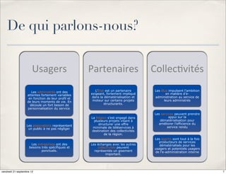 De qui parlons-nous?

                       Usagers'                     Partenaires' Collec0vités'
                      Les administrés ont des          L’Etat est un partenaire     Les élus impulsent l’ambition
                   attentes fortement variables     exigeant, fortement impliqué           en matière d’e-
                    en fonction de leur profil et    dans la dématérialisation et   administration au service de
                   de leurs moments de vie. En       moteur sur certains projets          leurs administrés
                     découle un fort besoin de               structurants.
                   personnalisation du service.'
                                                                                    Les services peuvent prendre
                                                    La Région s’est engagé dans              appui sur la
                                                     plusieurs projets visant à        dématérialisation pour
                                                        structurer une offre          améliorer l’efficience du
                   Les associations représentent                                            service rendu
                    un public à ne pas négliger.'    minimale de téléservices à
                                                    destination des collectivités
                                                            de la région.
                                                                                    Les agents sont tout à la fois
                                                                                      producteurs de services
                     Les entreprises ont des        Les échanges avec les autres       dématérialisés pour les
                    besoins très spécifiques et         collectivités peuvent       usagers et potentiels usagers
                            ponctuels.                représentés un gisement       de l’e-administration interne
                                                             important.




vendredi 21 septembre 12                                                                                             7
 