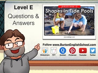 Questions &
Answers
Level E
Follow www.BurtonEnglishSchool.com
Slideshare Youtube TwitterTPT PinterestQuizlet
www.readinga-z.com
Shapes in Tide Pools
LEVELED BOOK • E
Written by Pam Bull
 