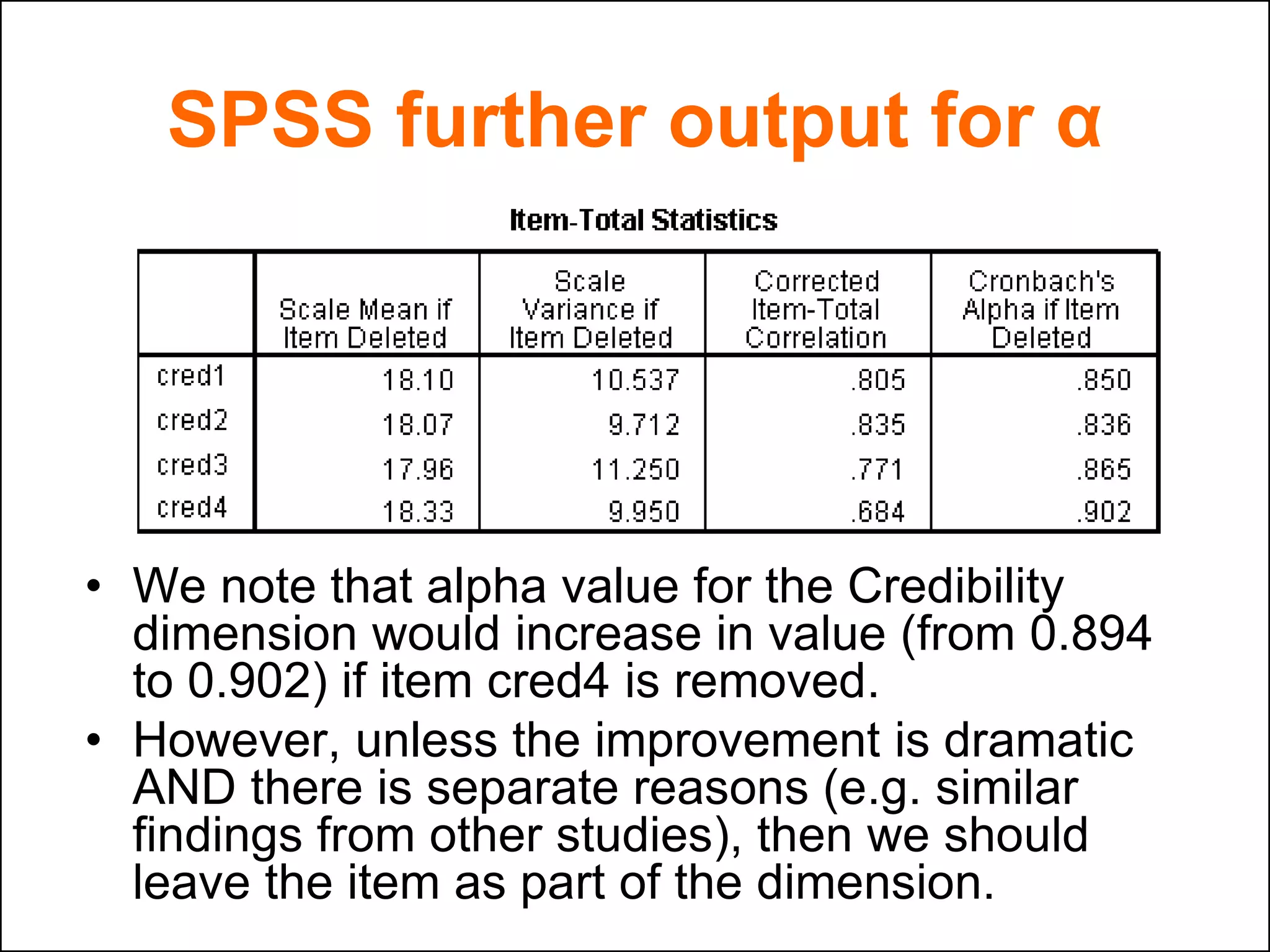 SPSS further output for α
• We note that alpha value for the Credibility
dimension would increase in value (from 0.894
to 0.902) if item cred4 is removed.
• However, unless the improvement is dramatic
AND there is separate reasons (e.g. similar
findings from other studies), then we should
leave the item as part of the dimension.
 