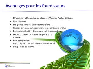 Avantages pour les fournisseurs
• Efficacité : 1 offre au lieu de plusieurs Marchés Publics distincts
• Contrat-cadre
• Les grands contrats sont des références
• Gestion structurée des commandes de différents entités
• Professionnalisation des cahiers spéciaux des charges
11
• Les deux parties disposent d’experts en la
matière
• Mini compétition:
sans obligation de participer à chaque appel
• Prospection de clients
 