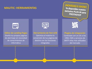 Herramienta de Test A/B
Optimiza al máximo la
conversión de tus páginas de
destino con las funciones
integradas
Editor de Landing Pages
Diseña tus propias páginas
de aterrizaje sin necesidad
de conocimientos de
informática
Plugins de integración
Conéctate con un clic a los
CRM, CMS y servicios de
SMTP relay más utilizados
del mercado
MAUTIC: HERRAMIENTAS
 