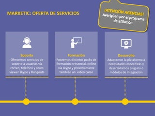 Formación
Poseemos distintos packs de
formación presencial, online
vía skype y próximamante
también un video curso
Soporte
Ofrecemos servicios de
soporte a usuarios vía
correo, teléfono y Team
viewer Skype y Hangouts
Desarrollo
Adaptamos la plataforma a
necesidades específicas y
desarrollamos plug-ins o
módulos de integración
MARKETIC: OFERTA DE SERVICIOS
 
