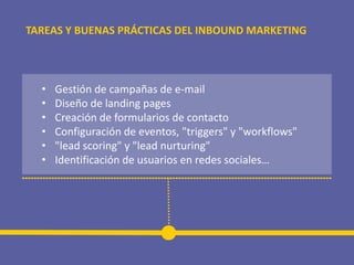 • Gestión de campañas de e-mail
• Diseño de landing pages
• Creación de formularios de contacto
• Configuración de eventos, "triggers" y "workflows"
• "lead scoring" y "lead nurturing"
• Identificación de usuarios en redes sociales…
TAREAS Y BUENAS PRÁCTICAS DEL INBOUND MARKETING
 
