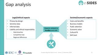 Gap analysis
12European Big Data Value Forum – Vienna, 13 November 2018
 Privacy-by-design
 Sensitive data
 Inferred data
 Liability and ethical responsibility
o Data breaches
o Competition law
o Regional differences
Legal/ethical aspects
 Costs and benefits
 Business models
 Public attention
 Economic value
 Cultural fit
 Skill level
Societal/economic aspects
Aspects related to
hurdles and aids
 