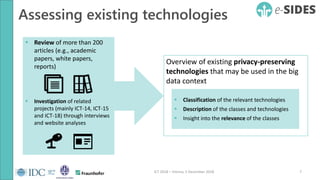 Assessing existing technologies
7ICT 2018 – Vienna, 5 December 2018
 Review of more than 200
articles (e.g., academic
papers, white papers,
reports)
 Investigation of related
projects (mainly ICT-14, ICT-15
and ICT-18) through interviews
and website analyses
Overview of existing privacy-preserving
technologies that may be used in the big
data context
 Classification of the relevant technologies
 Description of the classes and technologies
 Insight into the relevance of the classes
 