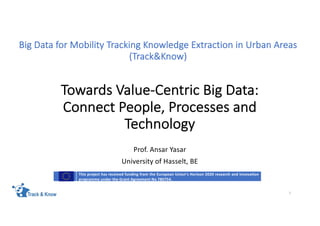Big Data for Mobility Tracking Knowledge Extraction in Urban Areas
(Track&Know)
Prof. Ansar Yasar
University of Hasselt, BE
1
This project has received funding from the European Union’s Horizon 2020 research and innovation
programme under the Grant Agreement No 780754.
Towards Value-Centric Big Data:
Connect People, Processes and
Technology
 
