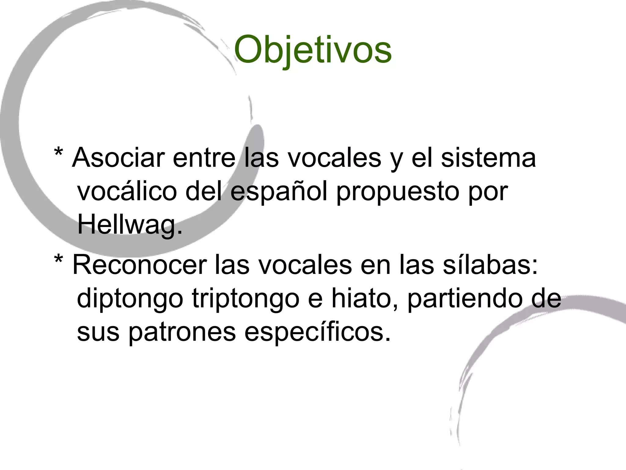Objetivos * Asociar entre las vocales y el sistema vocálico del español propuesto por Hellwag. * Reconocer las vocales en las sílabas: diptongo triptongo e hiato, partiendo de sus patrones específicos. 