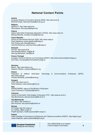 National Contact Points
Austria
European Network of Innovative Schools (ENIS), http://www.enis.at
Reinhold Hawle, Reinhold.Hawle@bmukk.gv.at
Belgium
Agoria ICT, http://www.agoria.be
Dany Buyse, Dany.Buyse@agoria.be
Cyprus
Cyprus Information Enterprises Association (CITEA), http://www.citea.net
Michael Michalis, michalis.michael@citea.net
Czech Republic
Centre for International Services (DZS), http://www.naep.cz
Pavla Sabatkova, pavla.sabatkova@naep.cz
Petr Chalus, petr.chalus@naep.cz
Veronika Rehorova, veronika.rehorova@naep.cz
                           ka.rehorova@naep.cz
Denmark
DI ITEK, http://www.di.dk
Ulla Scherfig Gilberg, usg@di.dk
Henning Mortensen, hem@di.dk
France/ Portugal
European Centre for Women and Technology (ECWT), http://www.womenandtechnology.eu
Eva Fabry, eva.fabry@womenandtechnology.eu


Germany
Bitkom, http://www.bitkom.org
Stephan Pfisterer, s.pfisterer@bitkom.org
Greece
Federation of Hellenic Information          Technology   &    Communications     Enterprises   (SEPE),
http://www.sepe.gr
Pantelis Nikolaidis, pnikolai@otenet.gr
                             @otenet.gr
Hungary
IVSZ, http://www.ivsz.hu
Katai Szabolcs, katai.szabolcs@ivsz.hu
Italy
ANSAS-INDIRE, agency of the Ministry of Education
        INDIRE,
Laura Franceschi, l.franceschi@indire.it
Lithuania
Centre of Information Technologies of Education (ITC) , http://www.itc.smm.lt
Asta Buineviciute, asta.buineviciute@itc.smm.lt
The Netherlands
ICT Office, http://ictoffice.nl
Wim Pluimers, wim.pluimers@ictoffice.nl
Norway
IKT Norge, http://ikt-norge.no
Liv Freihow, lf@ikt-norge.no
Fredrik Syversen, fredrik.syversen@ikt
                               rsen@ikt-norge.no
Poland
Polish Chamber of Commerce for Electronics and Telecommunications (KIGEiT), http://kigeit.org.pl
Jakub Ciepliński, jakub.cieplinski@kigeit.org.pl
             ski,


                                                   The e-Skills Week is an initiative
                                                          Skills
                                                   of the European Commission                       8
 