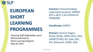 EUROPEAN
SHORT
LEARNING
PROGRAMMES
Erasmus+ Forward looking
cooperation projects: 590202-
EPP-1-2017-1-NL-EPPKA3-PI-
FORWARD
Coordinator: EADTU
Partners: FernUni Hagen,
OUUK, OUNL, UNED, OUC, HOU,
UNINETTUNO, AU, Uab, UOC,
JYU, KULeuven, NADE, AGH
CC-BY-SA 4.0 1
Teaching Staff Stakeholder event
Microcredentials &
Short Learning Programs
May 20, 2021
 