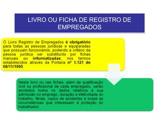 LIVRO OU FICHA DE REGISTRO DE
EMPREGADOS
LIVRO OU FICHA DE REGISTRO DE
EMPREGADOS
 