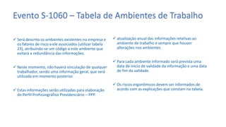 Evento S-1060 – Tabela de Ambientes de Trabalho
 Será descrito os ambientes existentes na empresa e
os fatores de risco a ele associados (utilizar tabela
23), atribuindo-se um código a este ambiente que
evitará a redundância das informações.
 Neste momento, não haverá vinculação de qualquer
trabalhador, sendo uma informação geral, que será
utilizada em momento posterior.
 Estas informações serão utilizadas para elaboração
do Perfil Profissiográfico Previdenciário – PPP.
 atualização anual das informações relativas ao
ambiente de trabalho e sempre que houver
alterações nos ambientes
 Para cada ambiente informado será prevista uma
data de início de validade da informação e uma data
de fim da validade.
 Os riscos ergonômicos devem ser informados de
acordo com as explicações que constam na tabela.
 