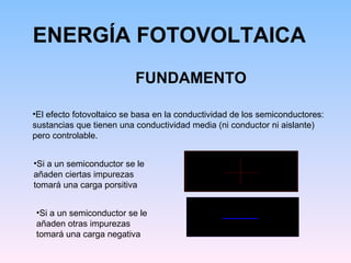 ENERGÍA FOTOVOLTAICA FUNDAMENTO El efecto fotovoltaico se basa en la conductividad de los semiconductores:  sustancias que tienen una conductividad media (ni conductor ni aislante) pero controlable.  Si a un semiconductor se le añaden ciertas impurezas tomará una carga porsitiva Si a un semiconductor se le añaden otras impurezas tomará una carga negativa 