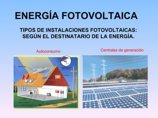 ENERGÍA FOTOVOLTAICA TIPOS DE INSTALACIONES FOTOVOLTAICAS: SEGÚN EL DESTINATARIO DE LA ENERGÍA. Autoconsumo Centrales de g...