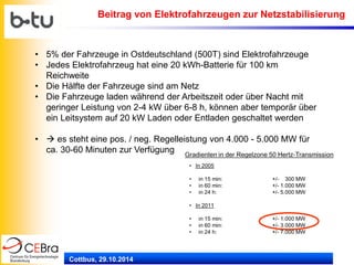 Cottbus, 29.10.2014 
Beitrag von Elektrofahrzeugen zur Netzstabilisierung 
• 
5% der Fahrzeuge in Ostdeutschland (500T) sind Elektrofahrzeuge 
• 
Jedes Elektrofahrzeug hat eine 20 kWh-Batterie für 100 km Reichweite 
• 
Die Hälfte der Fahrzeuge sind am Netz 
• 
Die Fahrzeuge laden während der Arbeitszeit oder über Nacht mit geringer Leistung von 2-4 kW über 6-8 h, können aber temporär über ein Leitsystem auf 20 kW Laden oder Entladen geschaltet werden 
• 
 es steht eine pos. / neg. Regelleistung von 4.000 - 5.000 MW für ca. 30-60 Minuten zur Verfügung  