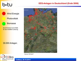 Cottbus, 29.10.2014 
EEG-Anlagen in Deutschland (Ende 2000) 
30.000 Anlagen 
Wind Energie Photovoltaik Biomasse Durchmesser ist ein Maß für die installiert Leistung 
Source: 50 HertzT  