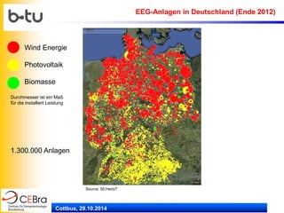 Cottbus, 29.10.2014 
EEG-Anlagen in Deutschland (Ende 2012) 
1.300.000 Anlagen 
Source: 50 HertzT 
Wind Energie Photovoltaik Biomasse Durchmesser ist ein Maß für die installiert Leistung  