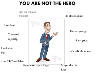 YOU ARE NOT THE HERO
Its allabout
me
I am best
Its allabout me
I am great
Let’s talk about me
I am 24/7 available
You need...