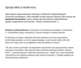 Jeśli szukasz zaawansowanych informacji o reklamach multiproduktowych
w formacie karuzelowym, może natrafiłeś na opis maszyny rolniczej, która nazywa się
Zgrabiarka Karuzelowa! I jest to idealny opis dla reklamy multiproduktowej ­
zgrabia uwagę klienta i jak karuzela ­ nakręca zainteresowanie :­)
Reklamy multiproduktowe to narzędzie na Facebook pozwalające na pokazanie
3 ­ 5 produktów (usług, możliwości) z różnych kategorii w jednej reklamie.
Po kliknięciu w każdy z obrazków klient jest odsyłany do strony tego właśnie
konkretnego produktu, a nie do całego katalogu, co jest bardzo istotne dla tych,
którzy nie mają czasu na przeglądanie setek produktów na stronie.
Tak więc możesz pochwalić się bogactwem asortymentu lub zaproponować zestaw
pasujących produktów. Albo pokazać kilka możliwości jednego produktu. Możesz
także ­ z zaawansowanymi reklamami dynamicznymi ­ oddać się w ręce Facebooka
i pozwolić by sam dobierał najlepsze jego zdaniem produkty z Twojego katalogu do
określonej grupy odbiorców. 
Sprzęt lekki a nieźle kosi.
 
