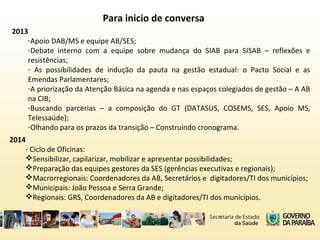 Para inicio de conversa
2013
-Apoio DAB/MS e equipe AB/SES;
-Debate interno com a equipe sobre mudança do SIAB para SISAB – reflexões e
resistências;
- As possibilidades de indução da pauta na gestão estadual: o Pacto Social e as
Emendas Parlamentares;
-A priorização da Atenção Básica na agenda e nas espaços colegiados de gestão – A AB
na CIB;
-Buscando parcerias – a composição do GT (DATASUS, COSEMS, SES, Apoio MS,
Telessaúde);
-Olhando para os prazos da transição – Construindo cronograma.
2014
- Ciclo de Oficinas:
Sensibilizar, capilarizar, mobilizar e apresentar possibilidades;
Preparação das equipes gestores da SES (gerências executivas e regionais);
Macrorregionais: Coordenadores da AB, Secretários e digitadores/TI dos municípios;
Municipais: João Pessoa e Serra Grande;
Regionais: GRS, Coordenadores da AB e digitadores/TI dos municípios.
 