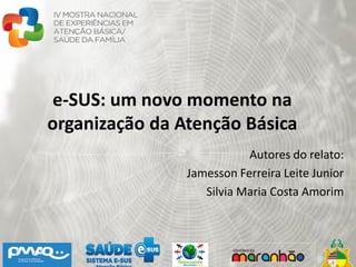 e-SUS: um novo momento na
organização da Atenção Básica
Autores do relato:
Jamesson Ferreira Leite Junior
Silvia Maria Costa Amorim
 