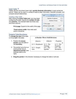CHAPTER 8: INTRODUCTION TO THE EDITORS


Insert Table
Tables, like the one shown lower-right, quickly illustrate information in ways sentences
cannot. Tables can be used in a variety of ways to align information, illustrate concepts, and
compare textual relationships.

Creating a New Table
After clicking the Insert Table icon, you may begin
configuring the table. Specify the number of rows
and columns. The example table has three rows
and three columns.

        Fit to page: Expand to the width of the page.

         Fixed column width: How wide each
        column should be.

Dragging Table Boundaries
To change the size of the table
or of any cell in the table:

   1. Position the mouse
      pointer over the table or
      cell boundary.

   2. The pointer turns from an
      arrow pointer into an
      adjustment pointer (see
      example table to the
      right).

   3. Drag the pointer in the direction necessary to change the table or cell size.




e-Sword User’s Guide, Copyright © 2012 by BibleSupport.com                            P a g e 113
 
