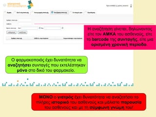 Ο φαρμακοποιός έχει δυνατότητα να
αναζητήσει συνταγές που εκτελέστηκαν
μόνο στο δικό του φαρμακείο.
Η αναζήτηση γίνεται, δηλώνοντας
είτε τον ΑΜΚΑ του ασθενούς, είτε
το barcode της συνταγής, είτε μια
ορισμένη χρονική περίοδο.
ΜΟΝΟ ο γιατρός έχει δυνατότητα να αναζητήσει το
πλήρες ιστορικό του ασθενούς και μάλιστα παρουσία
του ασθενούς και με τη σύμφωνη γνώμη του!
 
